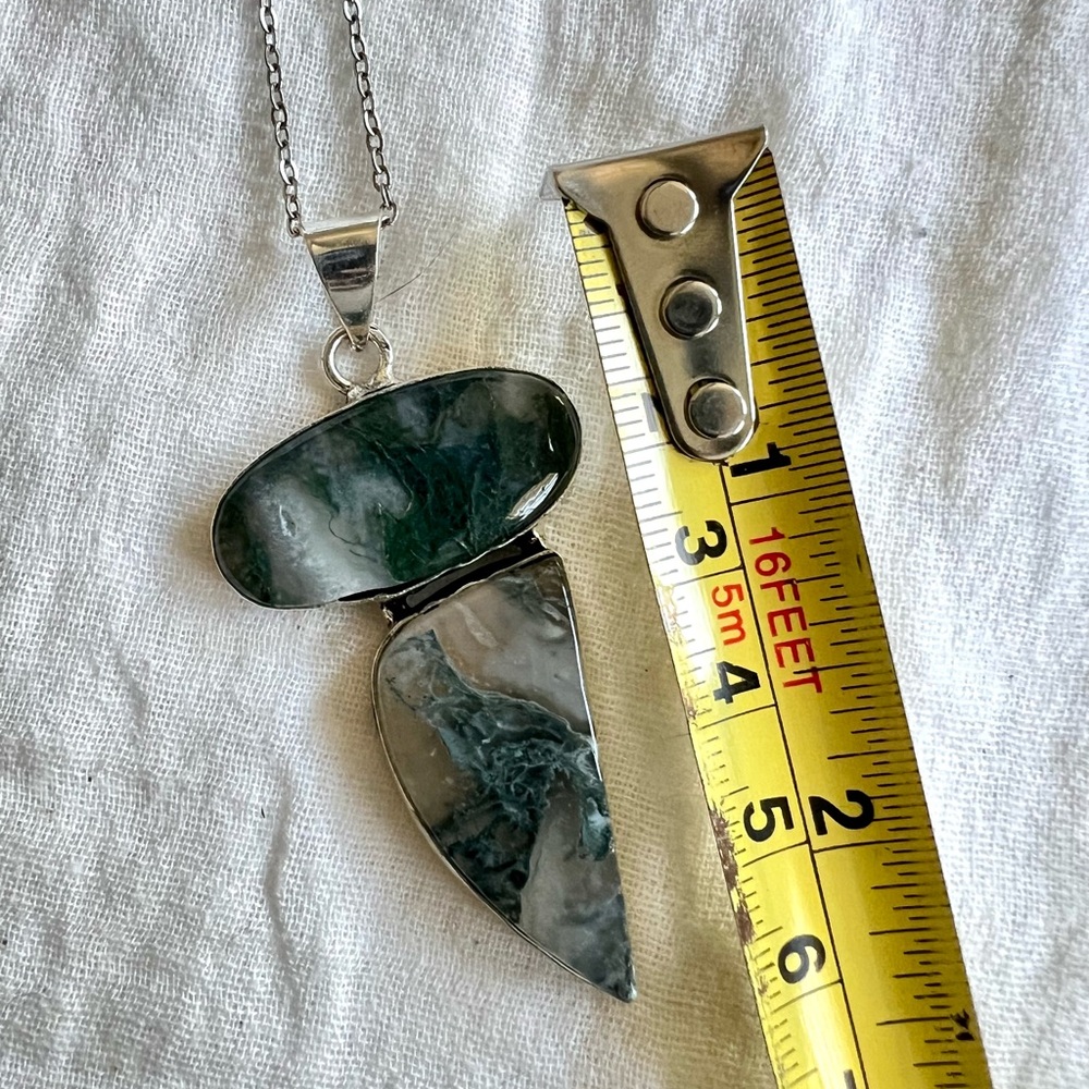 925 Earth Stone Moss Agate Pendant Necklace - Picture 3 of 7